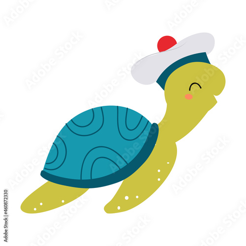 Cute Turtle as Sea Animal in Sailor Hat Floating Underwater Vector Illustration