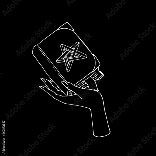Vintage Mystic Spell Book with impossible star on cover in female hand Illustration