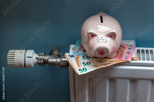 Piggy bank and money on radiator. Saving heating in winter