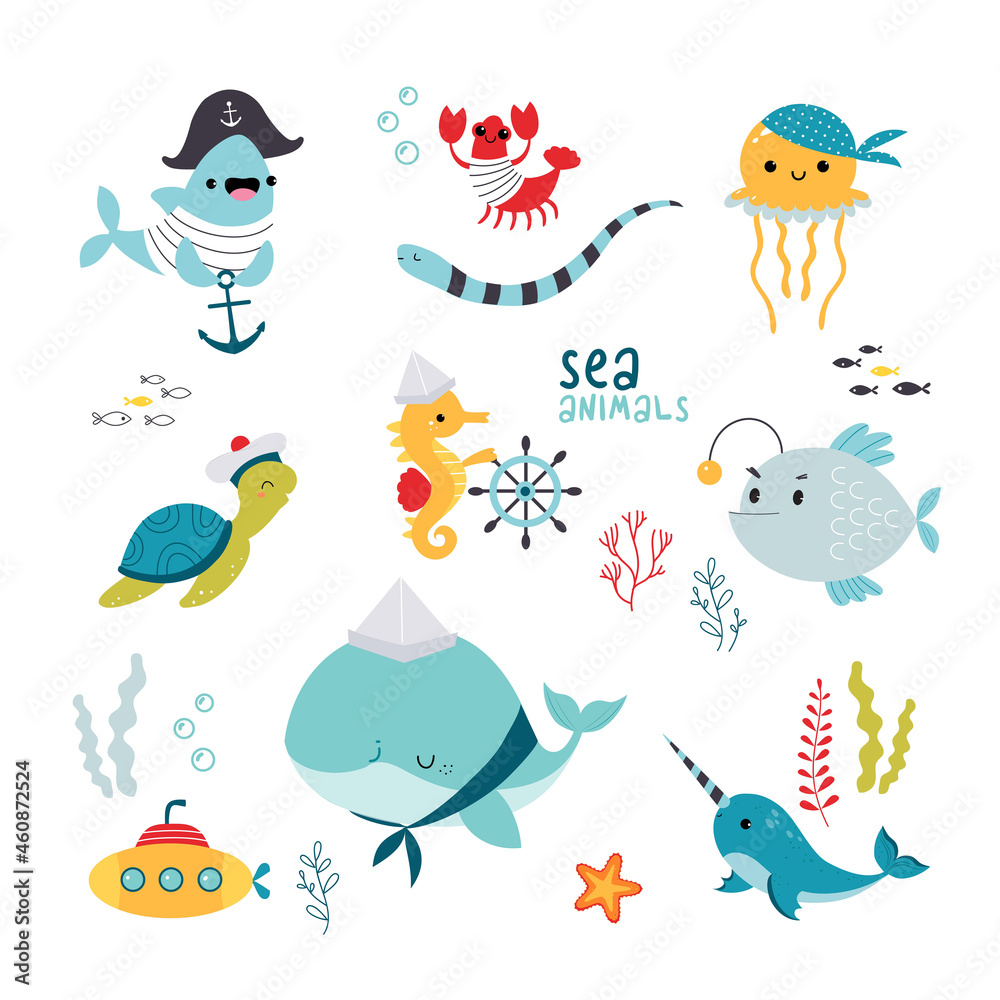 Cute Sea Animals in Striped Vest and Bandana Floating Underwater Vector Set