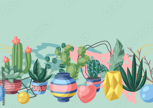 Seamless pattern with cactuses and succulents. Decorative spiky flowering cacti and plants in flowerpots.