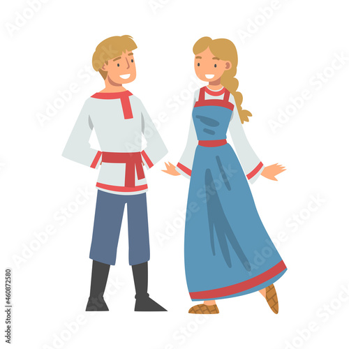 Slav or Slavonian Man and Woman Character in Ethnic Clothing Vector Illustration