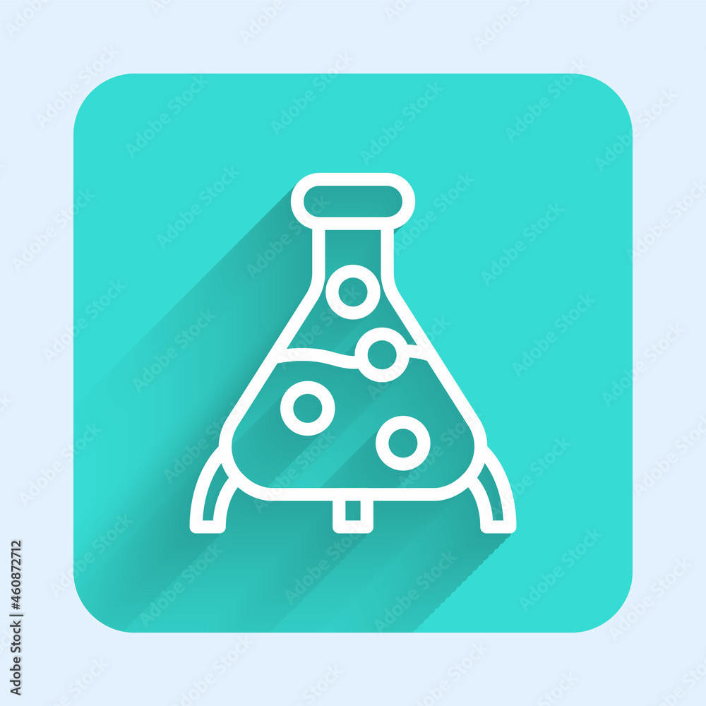 White line Test tube and flask chemical laboratory test icon isolated with long shadow. Laboratory glassware sign. Green square button. Vector White line Test tube and flask chemical laboratory test icon isolated with long shadow. Laboratory glassware sign. Green square button. Vector