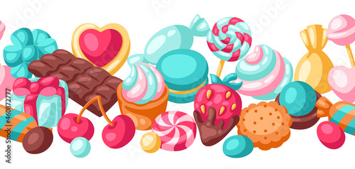 Seamless pattern various candies and sweets. Confectionery or bakery stylized illustration.