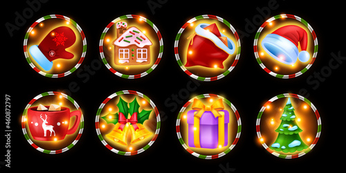 Christmas casino slot machine game icon set, winter holiday gambling symbol kit, x-mas pine tree. Online mobile app magic spin sign collection Santa Claus red hat, gift box. Christmas slot bonus badge