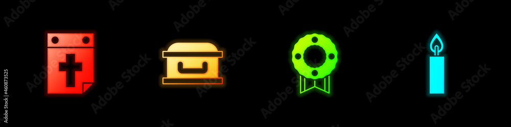Obraz premium Set Calendar death, Coffin with cross, Memorial wreath and Burning candle icon. Vector