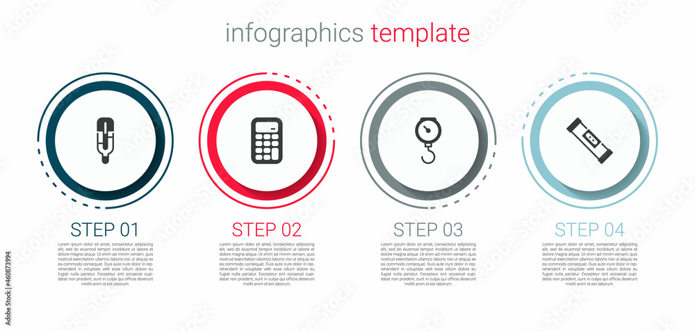 Set Medical thermometer, Calculator, Hand scale spring mechanical and Construction bubble level. Business infographic template. Vector Set Medical thermometer, Calculator, Hand scale spring mechanical and Construction bubble level. Business infographic template. Vector
