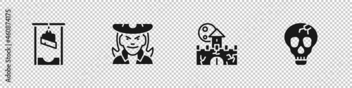 Set Guillotine, Witch, Castle, fortress and Skull icon. Vector