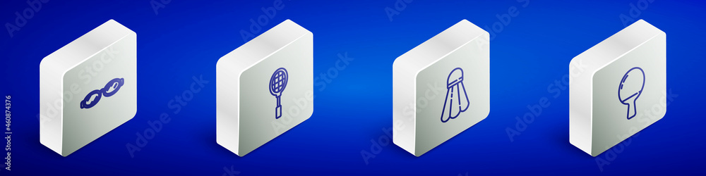 Set Isometric line Glasses for swimming, Tennis racket, Badminton shuttlecock and Racket playing table tennis icon. Vector Set Isometric line Glasses for swimming, Tennis racket, Badminton shuttlecock and Racket playing table tennis icon. Vector