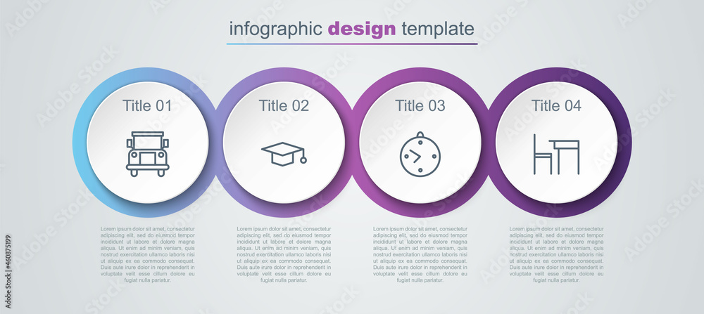 Set line School Bus, Graduation cap, Clock and table and chair. Business infographic template. Vector Set line School Bus, Graduation cap, Clock and table and chair. Business infographic template. Vector
