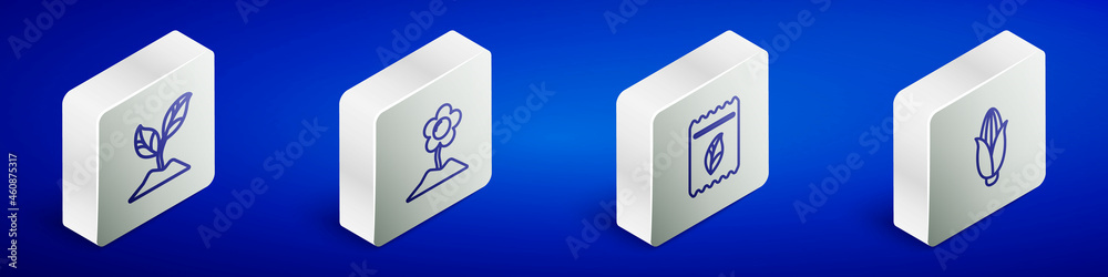 Set Isometric line Plant, Flower, Pack full of seeds of plant and Corn icon. Vector Set Isometric line Plant, Flower, Pack full of seeds of plant and Corn icon. Vector