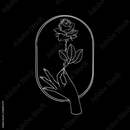 Vintage Mystic Hand holding rose flower drawing on oval shape background.