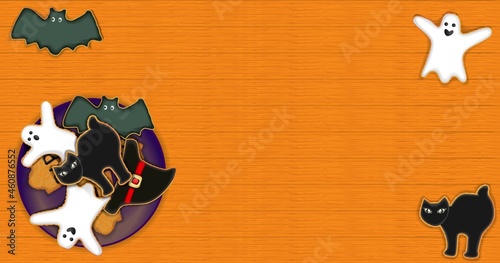 Rectangular banner with Biscuits on plate. Biscuits in the form of bat, gravestone, witch hats, cat. Halloween. October. Vector illustration on light-brown wooden background