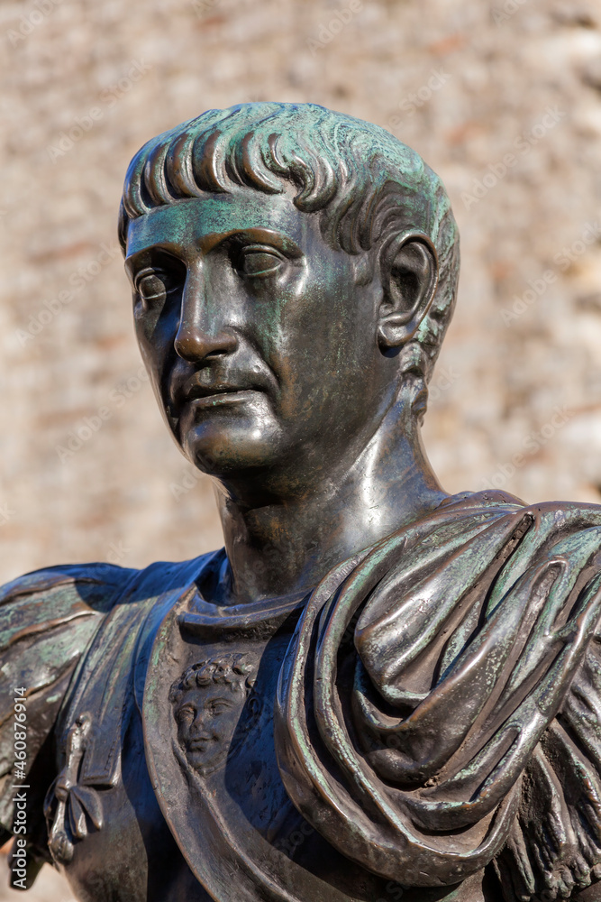 Roman emperor Trajan bronze statue at London Wall Tower Hill England UK which is a popular tourist holiday travel destination and attraction landmark, stock photo image