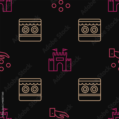 Set line Juggling ball, Shooting gallery and Castle on seamless pattern. Vector