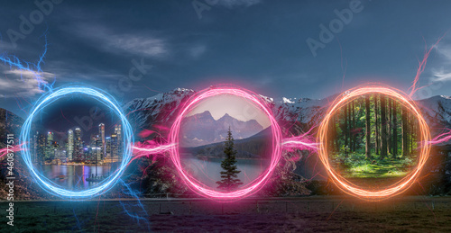 Three magical portal in between various realities, multiverse theory concept illustration photo