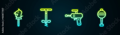 Set line Toy horse, Pogo stick jumping toy, Ray gun and Rattle baby. Glowing neon icon. Vector