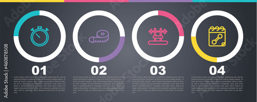 Set line Stopwatch, Tape measure, Bench with barbel and Calendar fitness. Business infographic template. Vector