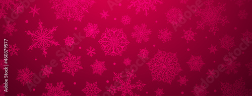 Christmas background of big and small white complex snowflakes in crimson colors