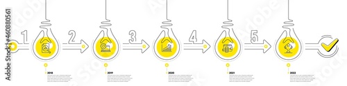 Lightbulb journey path infographics. Business Infographic timeline with 5 steps. Workflow process diagram with Research, Data Analysis, Money earn and Winner cup line icons. Vector