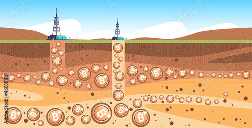underground soil with golden bitcoin coins cryptocurrency blockchain concept archeology landscape