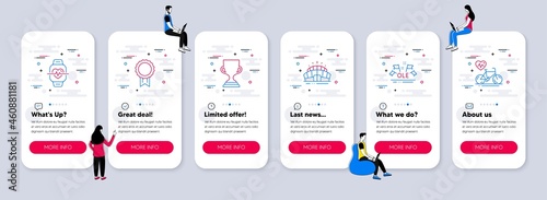 Vector Set of Sports icons related to Cardio training, Reward and Ole chant icons. UI phone app screens with teamwork. Arena stadium, Award cup and Cardio bike line symbols. Vector