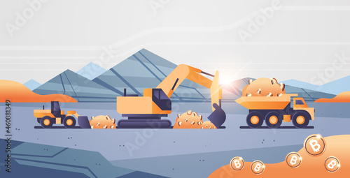 excavator loading bitcoins on heavy truck mining transport golden coin digital money production cryptocurrency blockchain