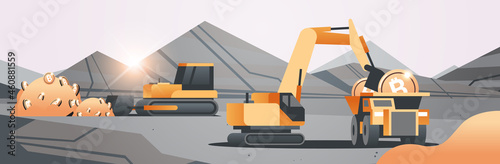 excavator loading bitcoins on heavy truck mining transport golden coin digital money production cryptocurrency blockchain