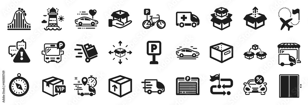 Set of Transportation icons, such as Travel path, Bus parking, Hold box icons. Bicycle parking, Delivery truck, Express delivery signs. Lighthouse, Roller coaster, Packing boxes. Warning. Vector