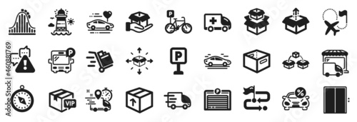 Set of Transportation icons, such as Travel path, Bus parking, Hold box icons. Bicycle parking, Delivery truck, Express delivery signs. Lighthouse, Roller coaster, Packing boxes. Warning. Vector