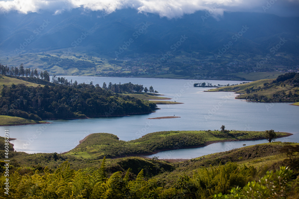 View of the biggest artificial lake in Colombia called Calima Lake located on the mountains of Darien at the region of Valle del Cauca