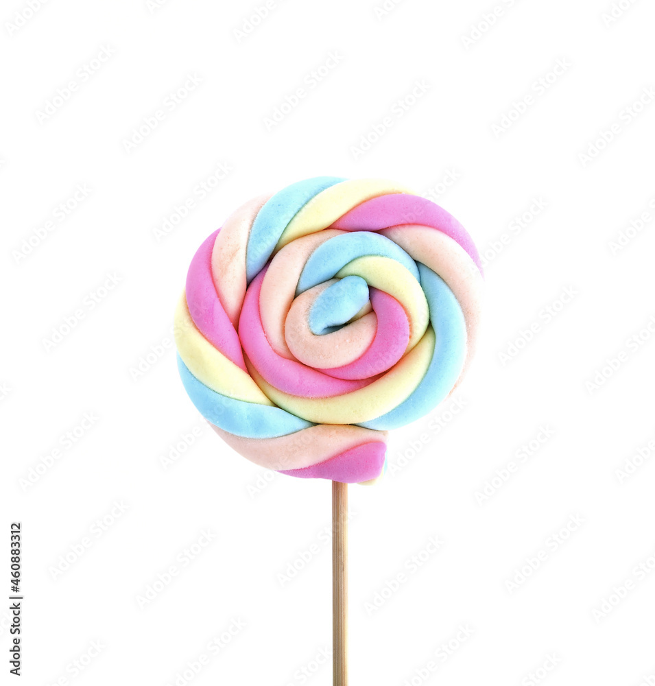 Marshmallows on skewer on white background