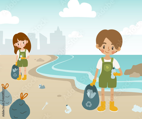 Children volunteers clean the sea coast from plastic waste. Kids collecting garbage on beach. Ecology problem.