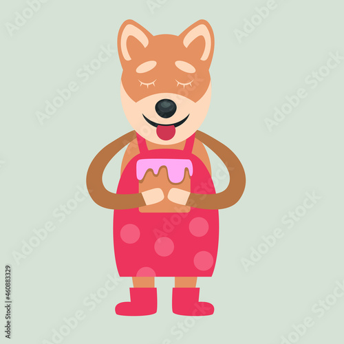 Cute funny humanized animal character in apron eating birthday cake. Isolated character vector in flat style illustration