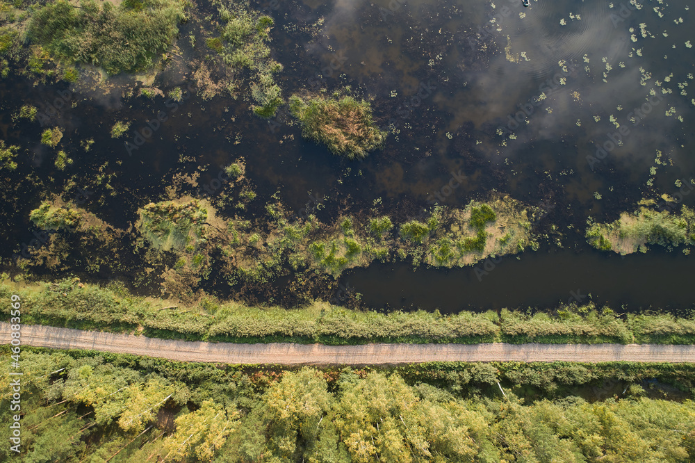 Beautiful autumn landscape with river and road. Aerial photography using a drone