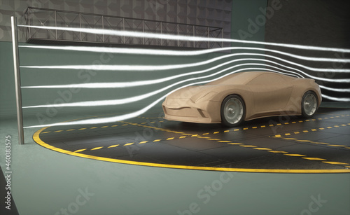 Prototype sports car. 3D illustration of imaginary sports car. Conceptual prototype inside aerodynamic tunnel. photo