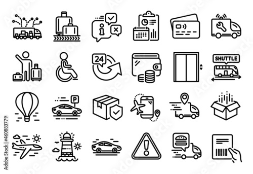 Vector set of Truck delivery, Flights application and Airport transfer line icons set. Calendar report, Money wallet and Credit card tag. Airplane travel, Disabled and Car icons. Vector