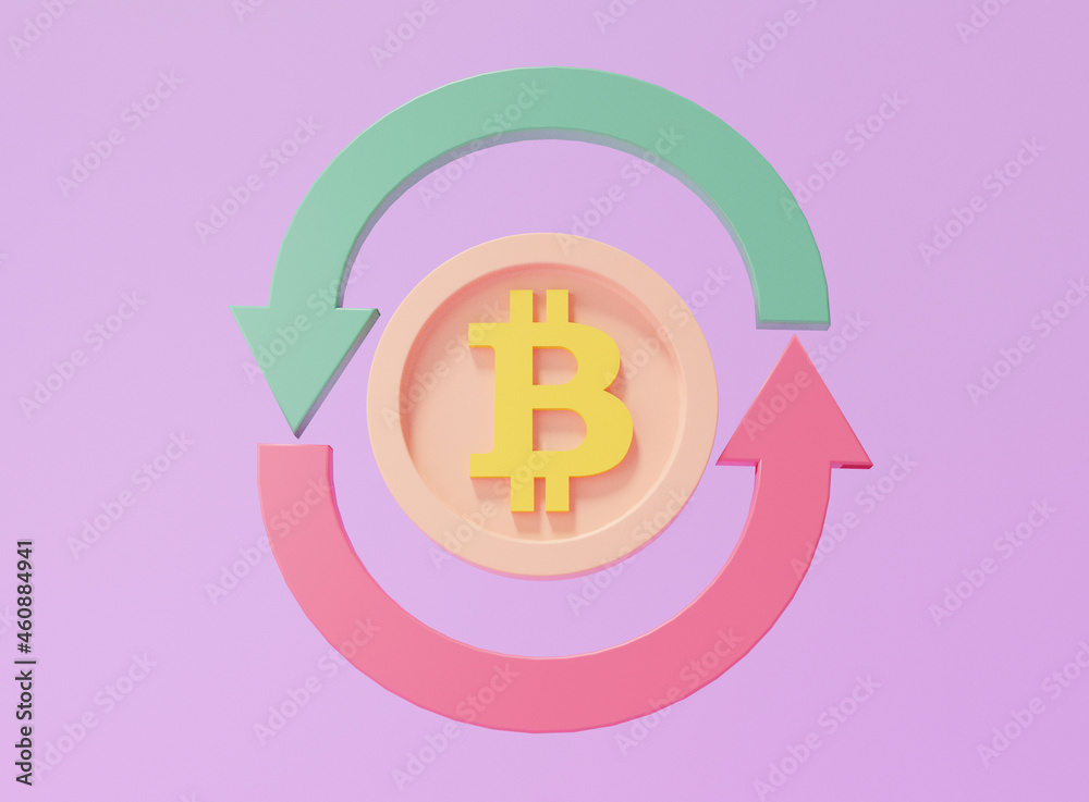 Coin bitcoin with arrow Cartoon style minimal, Crypto currency buy, sell, exchange financial investment trader concept. on purple background. 3d render illustration Coin bitcoin with arrow Cartoon style minimal, Crypto currency buy, sell, exchange financial investment trader concept. on purple background. 3d render illustration