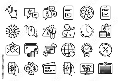 Vector set of Search employee, Refresh website and Video file line icons set. Calendar report, Money wallet and Credit card tag. Loyalty points, Video conference and Vip mail icons. Vector