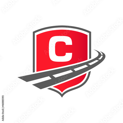 Transport Logo With Shield Concept On Letter C Concept. C Letter Transportation Road Logo Design Freight Template