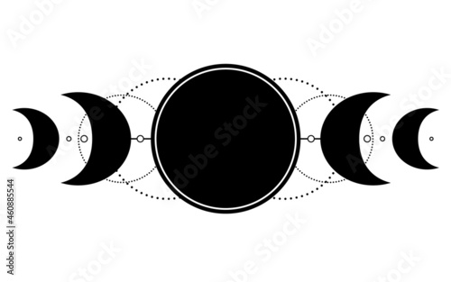 Triple moon pagan Wicca moon goddess symbol. Three-faced Goddess, Maiden, Mother, Crone vector illustration. Tattoo, astrology, alchemy, boho and magic symbol. Coloring Book.