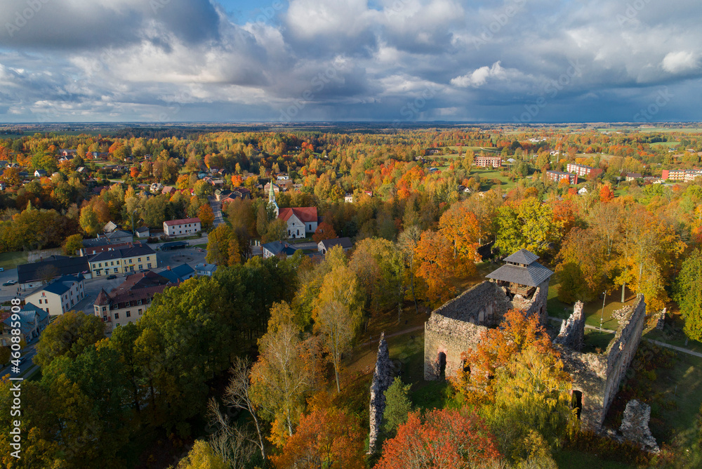 Latvia, Rauna village from the golden autumn of a bird's eye view