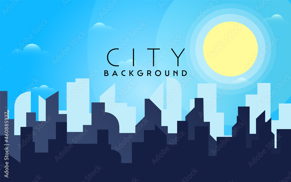 Morning, day city skyline landscape, town buildings in different time and urban cityscape town sky. Daytime cityscape. Architecture silhouette downtown vector background. Flat design for flyers, cards