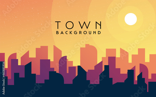 Morning, day city skyline landscape, town buildings in different time and urban cityscape town sky. Daytime cityscape. Architecture silhouette downtown vector background. Flat design for flyers, cards