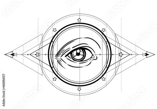 Eye of Providence. Masonic symbol. All seeing eye inside triple moon pagan Wicca moon goddess symbol. Vector illustration. Tattoo, astrology, alchemy, boho and magic symbol. Coloring book.