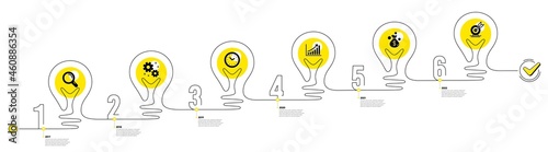 Lightbulb journey path infographics. Business Infographic timeline with 6 steps. Workflow process diagram with Research, Working time, Growth chart and Goal target icons. Vector