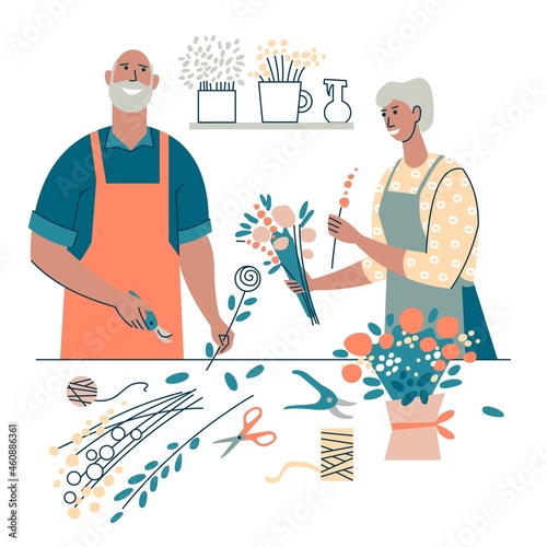 Elderly people are engaged in floristics. Happy grandparents spend time together, make bouquets of flowers. The concept of pension activity. Adult class. Flat vector isolated on white background.
