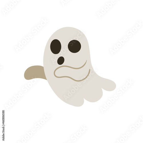 Frightening cute ghost isolated on white background. Vector illustration for design of postcards sites clothing menu for holiday. Design element