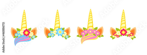 Unicorn tiara set with different flowers, earns and horns.