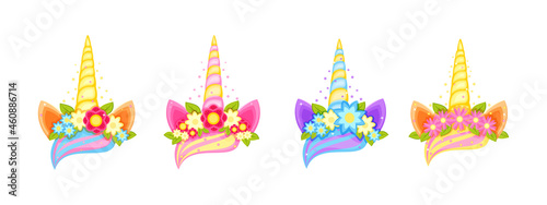 Unicorn tiara set with different flowers, earns and horns.
